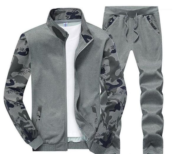 

piece sets male clothing camouflage designer mens tracksuits long sleeve panelled printed mens 2pcs sets sports cardigan mens two, Gray