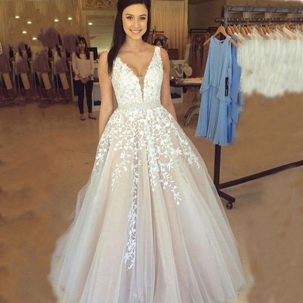 

v neck wedding dresses light champagne floor length applique open back sleeveless a line backless bridal dress vestido de noiva, White