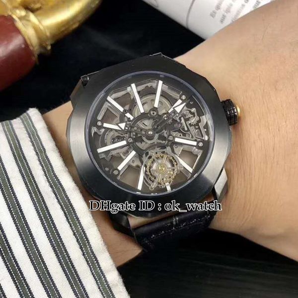 

новинка высокое качество octo tourbillon hollow dial 103032 япония miyota автоматические мужские часы черный кожаный ремешок стальной корпус, Slivery;brown