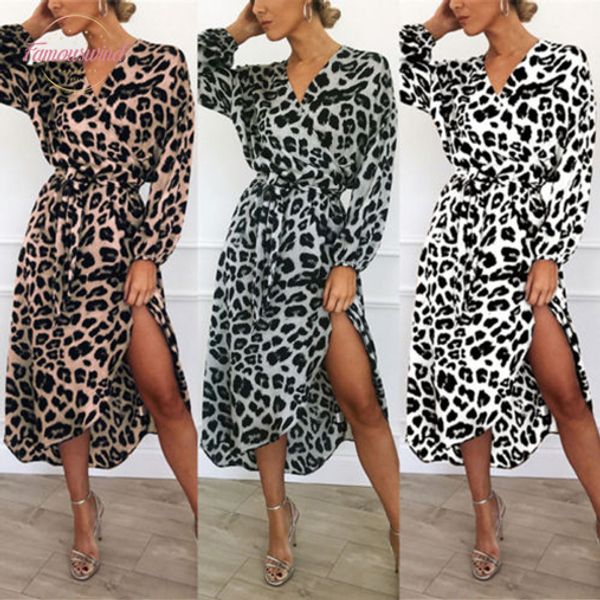 

new fashion women long sleeve leopard print long maxi dress evening party drop shipping, Black;gray