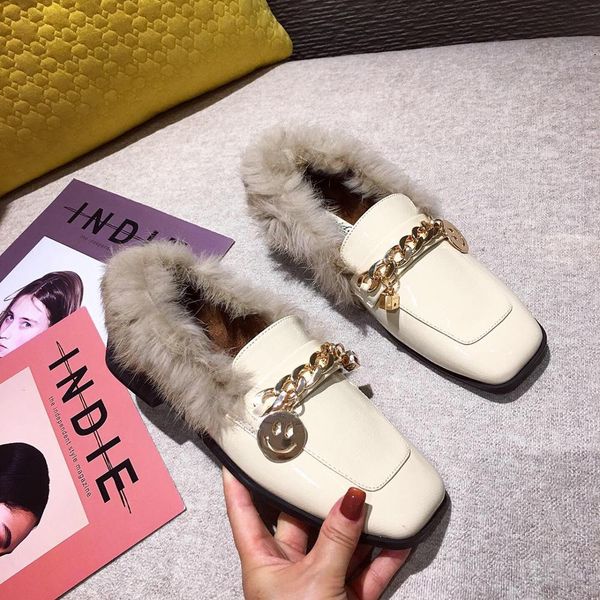 

white patent leather women flats shoes slip on metal chain fur mules plush furry woman flat loafers 2019 winter women shoes, Black