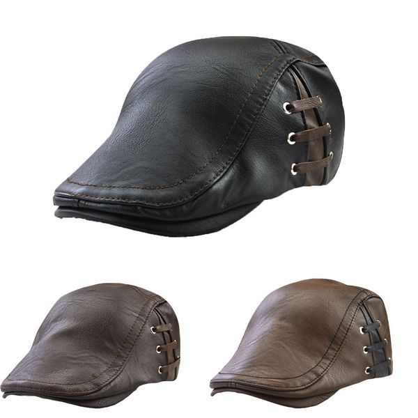 

men cap fashion leather men's hat perforated lace-up autumn and winter warm berets gorras para hombre, Blue;gray