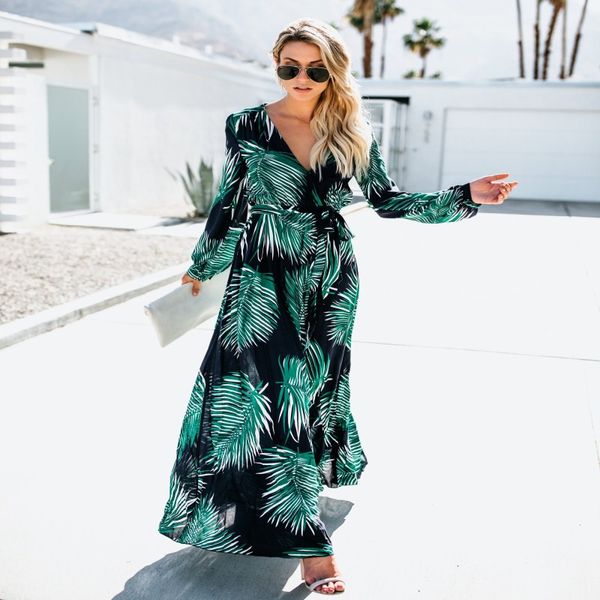 

vintacy long sleeve dress green tropical beach vintage maxi dresses boho casual v neck belt lace up tunic draped boho dress, Black;gray