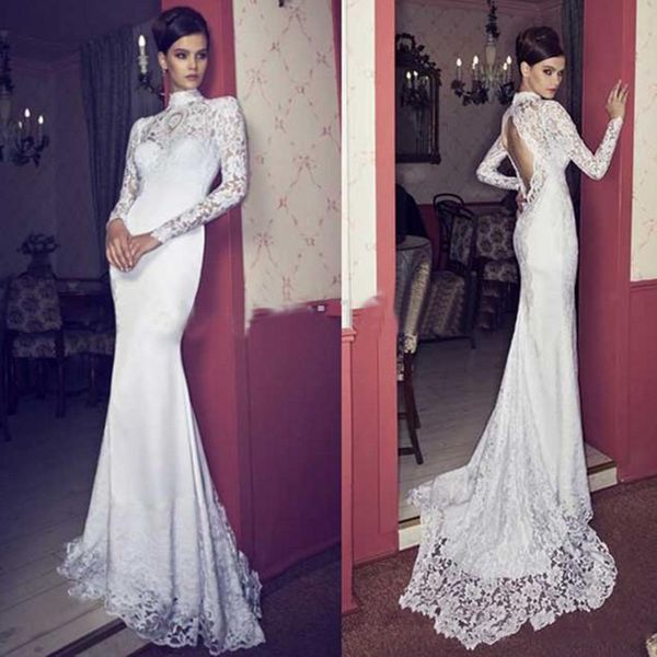 

2020 modern high neck long sleeve lace wedding dresses backless fitted mermaid bridal gown custom made vestios de festa