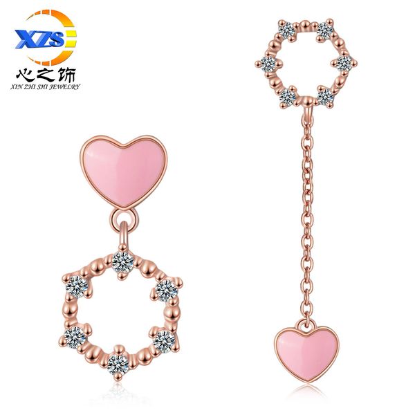 

pink heart asymmetric stud earrings womens diamond geometric zircon design niche earrings long cold wind drop earrings, Golden