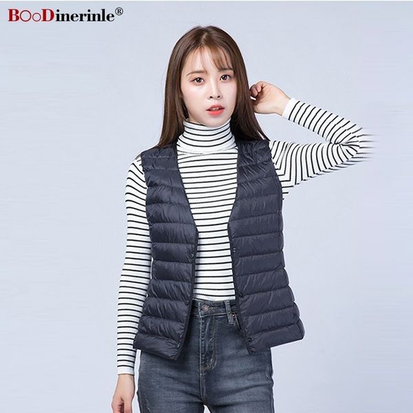 

boodinerinle warm slim women's down jacket women ultra light down jacket v-neck white duck waistcoat ultra light, Black