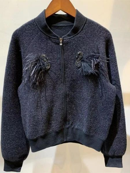 

2019 женское короткое пальто бархатная куртка femaleo-образным вырезом трехмерный бисером лебедь вязаный топ кардиган верхняя одежда мода мо, White