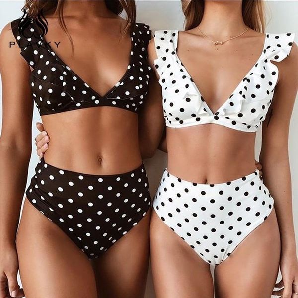 

2019 flounces bikini deep v bikini swimsuit 6-color polka dot printed swimsuit, White;black