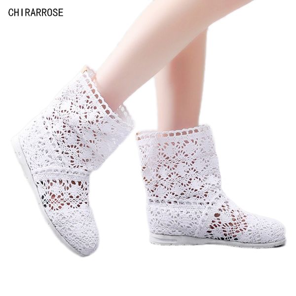 

chirarrose women boots autumn hollow knitted flat heel summer boots woman's cool botas mesh breathable shoes short white, Black