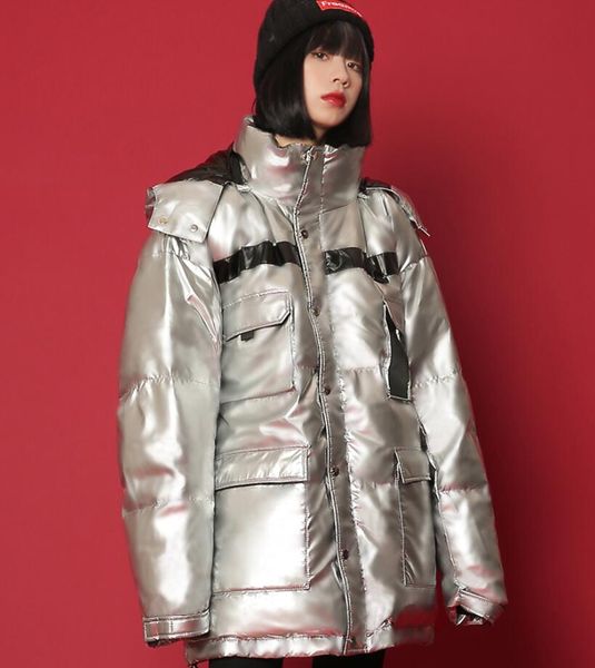 

2019 fashion glossy silver hooded parkas coat women winter warm hooded parka jacket high street casual female coat, Black