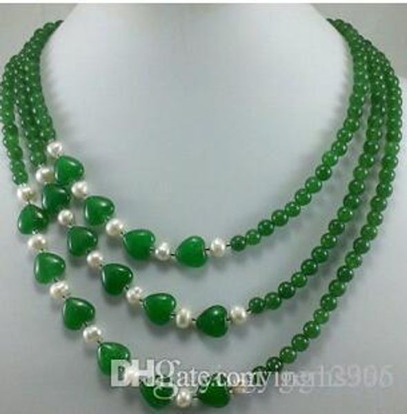 

3 rows stunning green red heart-shaped jades white pearl necklace, Silver