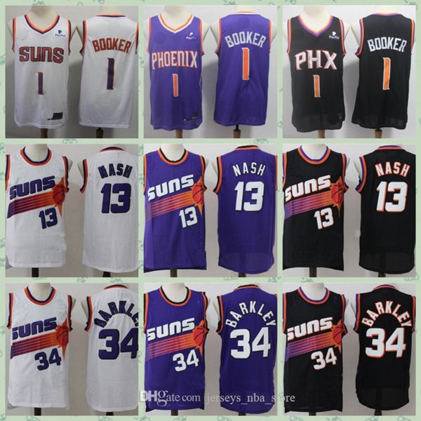 

mens vintage devin 1 booker steve 13 nash charles 34 barkley basketball jerseys stitched shirts, Black;red