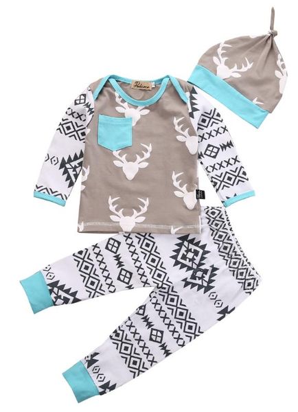 

newborn baby girls boy deer t-shirt pants hats 3 pcs xmas clothing set babies child christmas outfits set, White