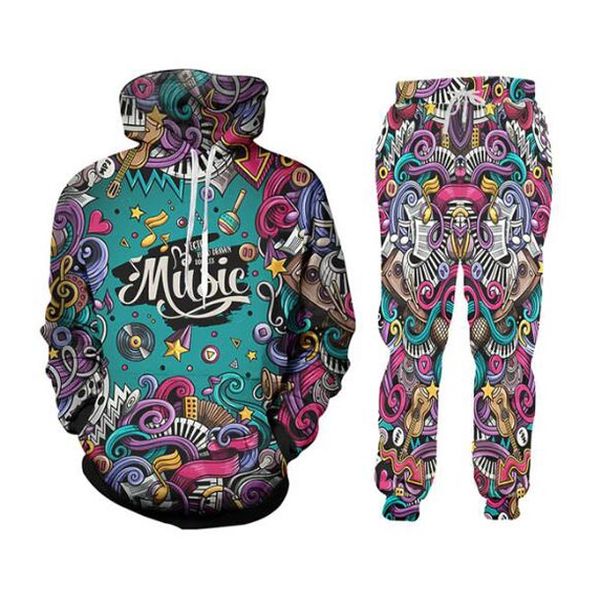 

2020 new fashion mens/womens music note instrument party funny 3d print casual hoodie+pants tz016, Gray
