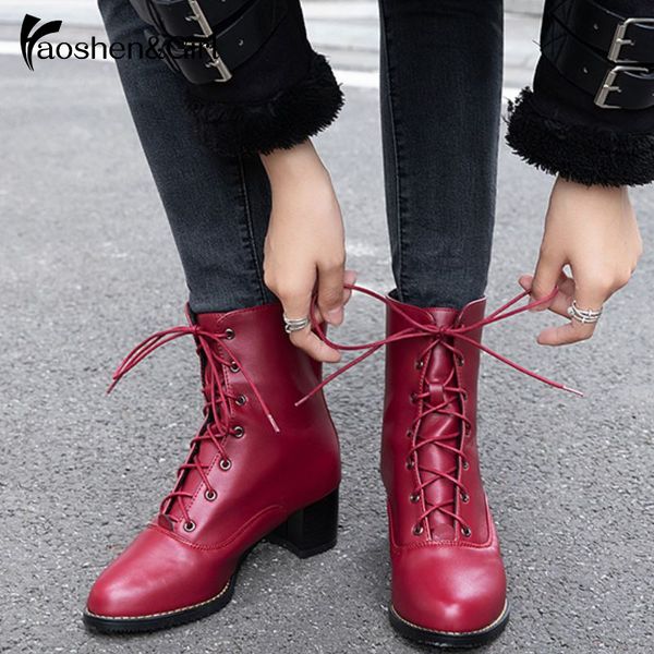 

haoshen&girl shoes plus size15 31-52 ankle boots woman high heel shoes winter lace up t-tied motorcycle marting boots footwear, Black