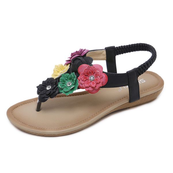 

402-1 new style 2019 nation women's sandals bohemian flower large size comfortable flip-flop sandals, Black