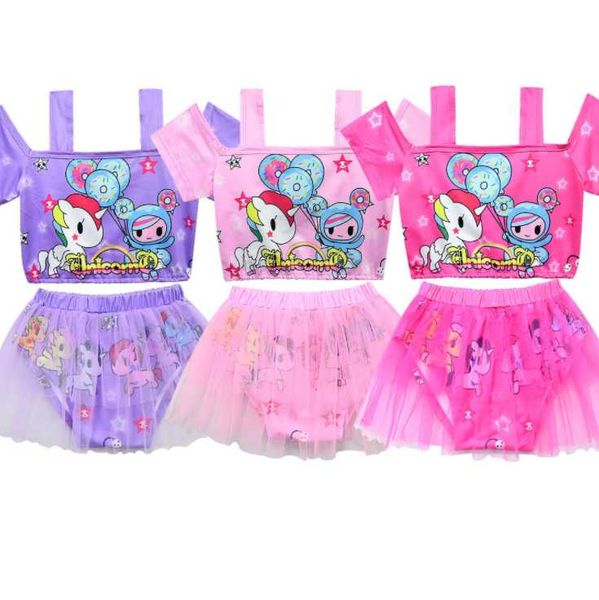 

2020new unicorn children's clothing girls summer princess swimsuits fashion swimwear kids one-piece mesh skirt princess cartoon, White