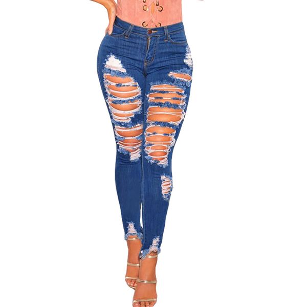 

skinny jeans woman high waist long solid button pocket zipper hole vintage fashion denim pant wild fit jeans mujer oy41*, Blue