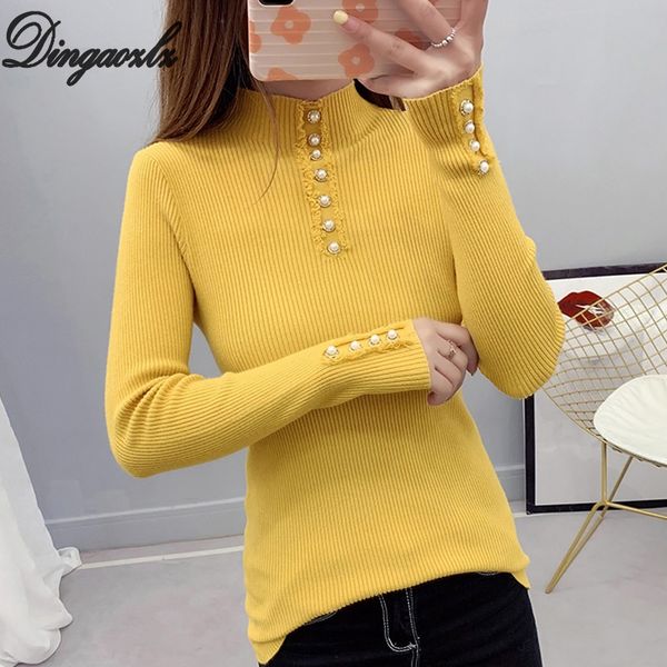 

dingaozlz high-collar knitted sweater autumn winter sweater women long sleeve beaded pullovers shirt casual women, White;black