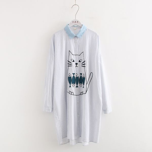 

striped long sleeve cotton fish cats embroidery long cotton dress, Black;gray