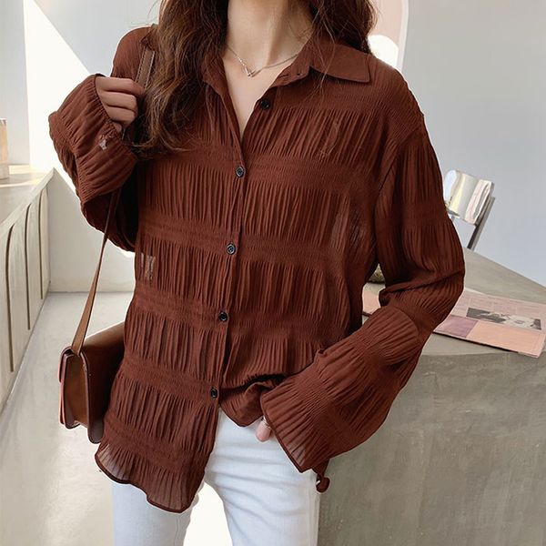 

women spring vintage chiffon blouses casual long sleeve see-through blusas femme 2020 turn-down collar female shirts, White