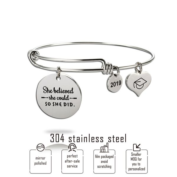 

2019 she believed she could so she did bracelets for women bachelor cap charm expandable wire bangle fashion inspirational jewelry, Golden;silver