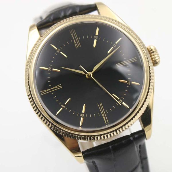 

40mm black dial gold case automatic gorgeous mens watch watches with a black alligator leather strap fixed bezel index hour markers, Slivery;brown