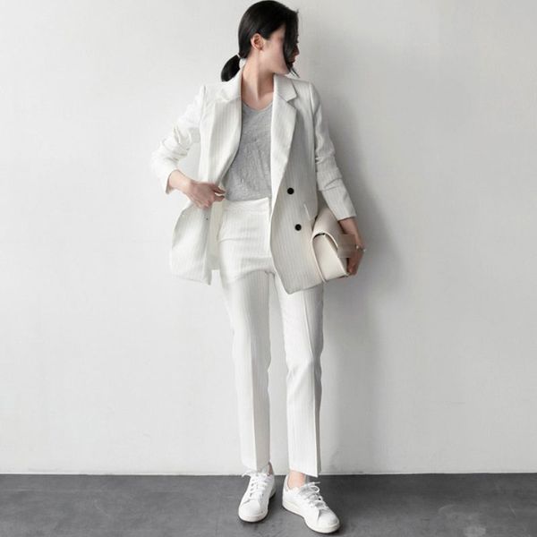 

2020 spring women's fashion classic striped suit suits female korean version of the professional suit temperament two-piece sets, White;black