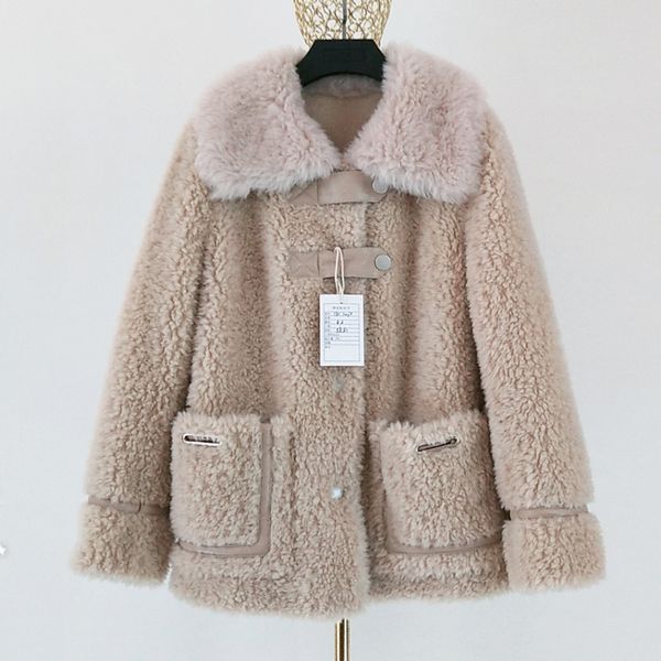 

manteau femme hiver 2019 new parka real fur winter coat women 100% real wool coat turn-down collar imitation suede linner, Black