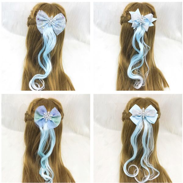 

12pcs fashion glitter snowflake hair clips long wig for girls kids organza lace hair bows barrettes lovely princess hair accessories gifts, Slivery;white