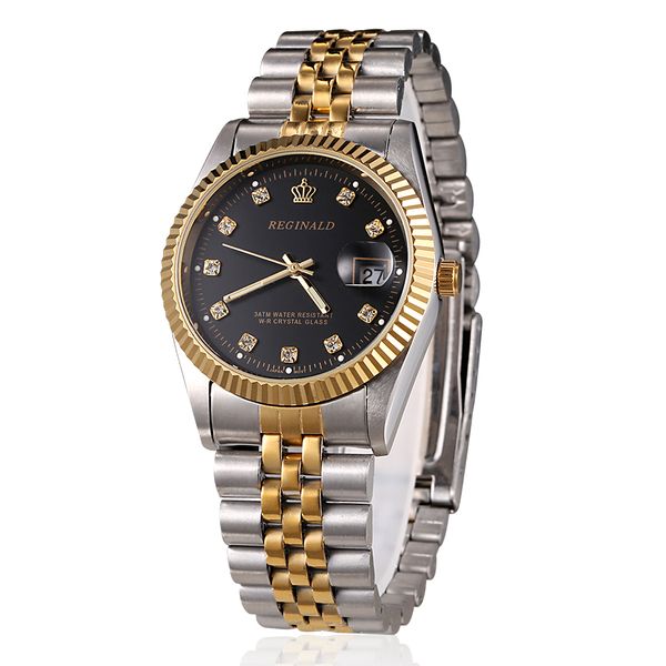 

reginald brand mens dress style business watch steel wristband golden men quartz watch valentine's day present for man, Slivery;brown