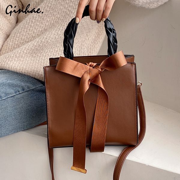 

2019 fashion large capacity bow ribbon tote bag women leather handbags cute rivet shoulder crossbody solid bag women square