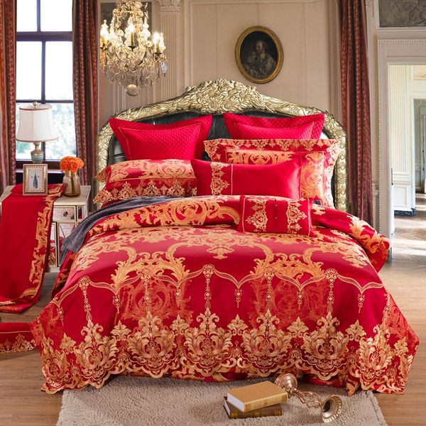 

2019 красный с золотом jacquard свадебных комплектов постельных принадлежностей 4 / 10шт королева королевского размера одеяло набор обложка
