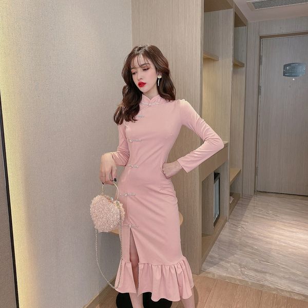 

stand collar long sleeve slim fishtail dress women dress, Black;pink