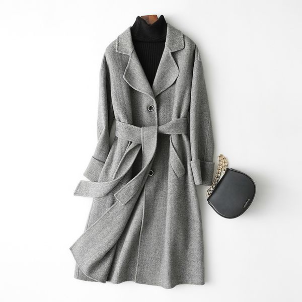 

women's wool & blends 2021 double-sided coat women jacket long cashmere coats turn down collar winter jackets with belt 88106 wyq1492, Black
