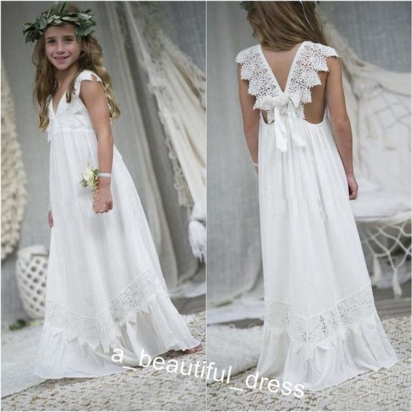 Recém Tamanho Praia Boho Flower Girl Dresses Chiffon personalizada Santa Comunhão Vestidos V Neck Kid vestidos formais