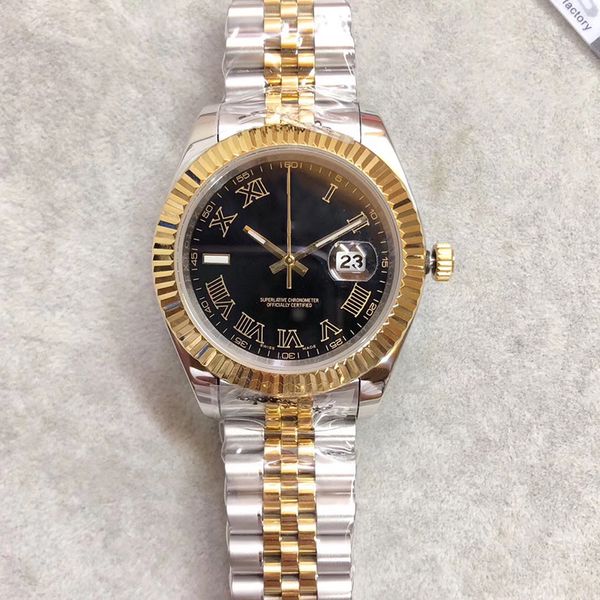 

41 black dial roman number two tone jubilee bracelet automatic mens watch sapphire watches fixed fluted yellow gold bezel wristwatch, Slivery;brown