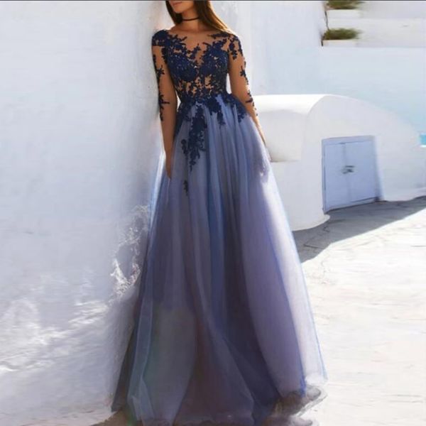 

blue evening dress o-neck appliques lace long sleeves tulle prom gown party dress for graduation women elegant 2020, White;black