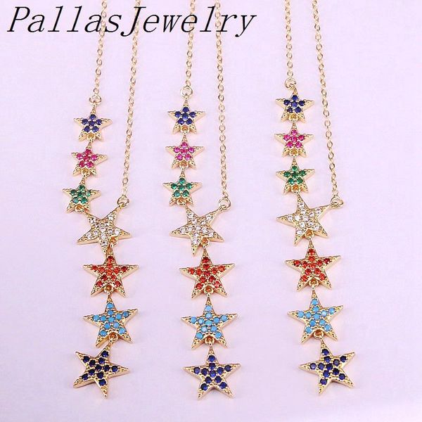 

6pcs 2019 micro pave colorful cz star sparking bling charm rainbow zirconia star link chain y shape gold necklace for women, Silver