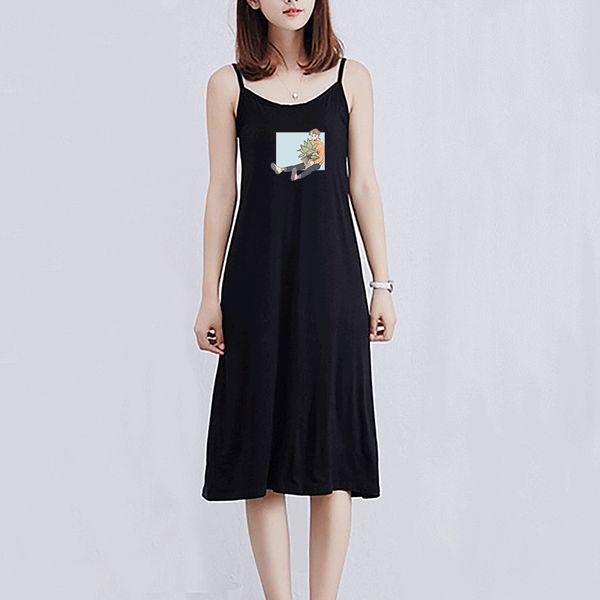 

2020 fashion women's dress summer new breathable casual half-length skirt trend cartoon girl print pattern suspender skirt size -xl-2, Black;gray