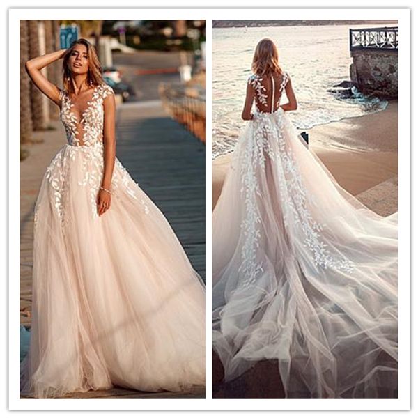 

2020 sheer neck short sleeves lace appliques a-line wedding dresses modest lace applique bridal gowns long tail formal robe de mariee, White