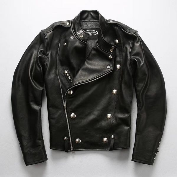 

j31 read description asian size super quality men's genuine thich heavy cow leather coat vintage looking stylish rider jacket, Black