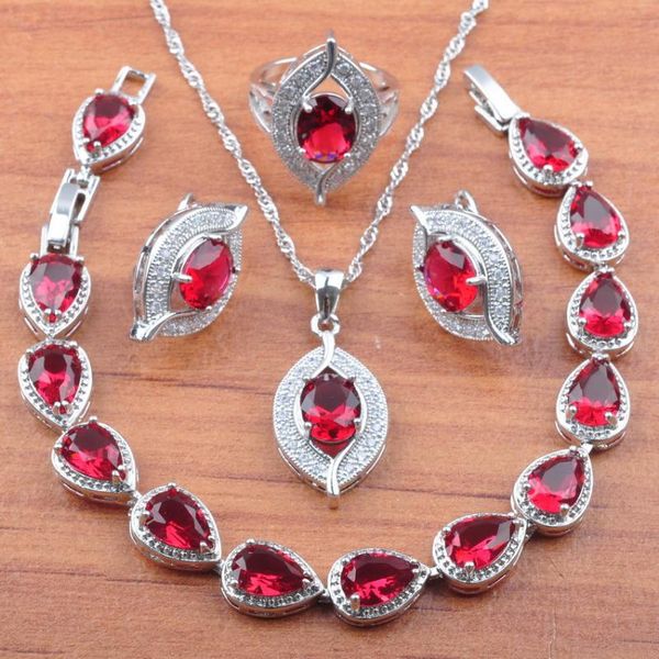 

rose red crystal jewelry set for women silver color eye design earrings zirconia necklace pendant rings bracelet set js0235
