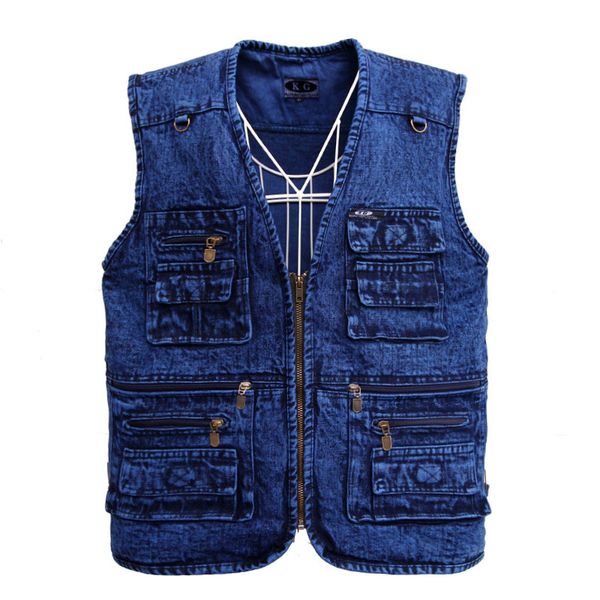 

vintage mens sleeveless denim jacket cotton multi pocket blue outdoors waistcoat casual vest plus size 4xl 5xl jeans vest mens, Black;white