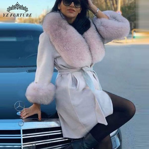 

yz future new style real fur coat women winter natural wool fur coat with belt women warm real jacket wholesale, Black