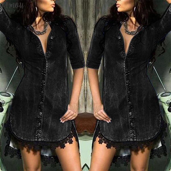 

осень новых женщин способа вскользь hole с длинным рукавом лоскутная кружева карманные кнопка джинсовой куртки outcoat мини платье z4, Black;gray