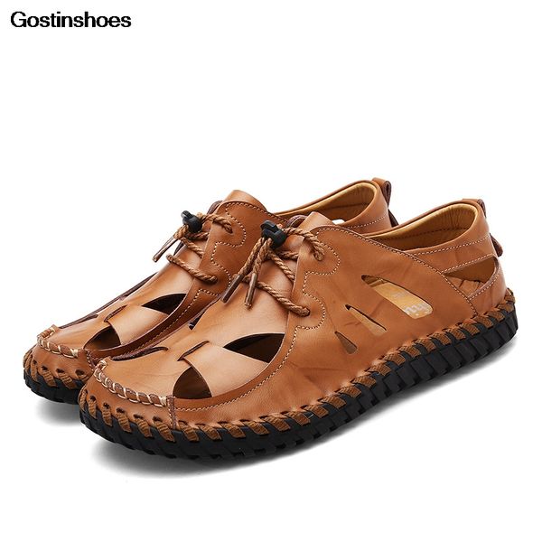 

sandalen men summer shoes genuine leather sandals men cowhide sandalias hollow out casual shoes man, Black