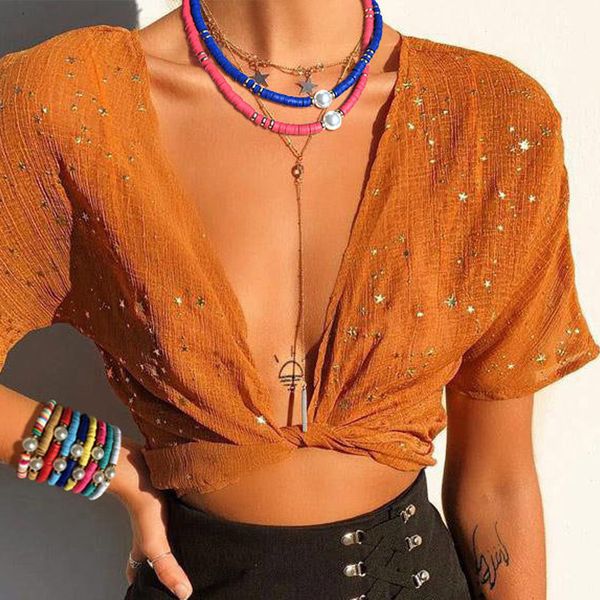 

bohemian style colorful contrast color mixed soft pottery necklace female pearl choker accessories, Silver