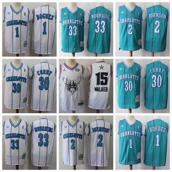 

vintage men charlotte hornets nba jersey muggsy bogues 15 kemba walker basketball jersey larry johnson dell curry alonzo mourning, Black;red