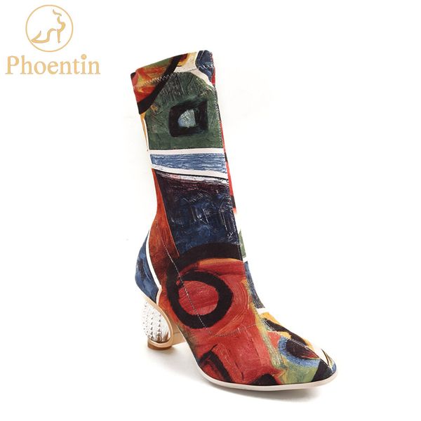 

phoentin colorful painted boots women stretch fabric 2019 retro female boot crystal heels short and long boots women shoes ft462, Black